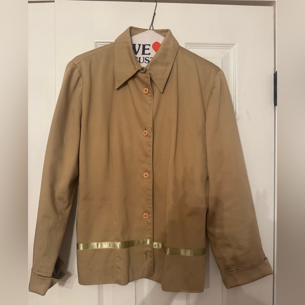 Vintage tan and gold button-up blazer with gold ribbon detail #glamour #vintage